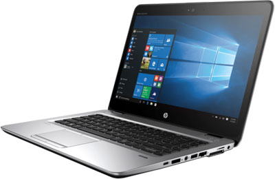  Front right-angle view of an opened Elitebook 840 G3, with screen showing Windows 10 home screen and start menu  